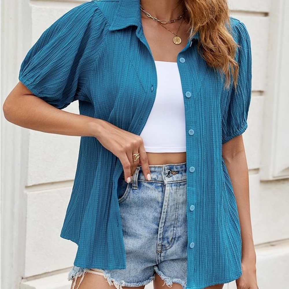 Blooming Jelly Women's Button Down Shirts V Neck Casual Textured Top - Picture 4 of 7